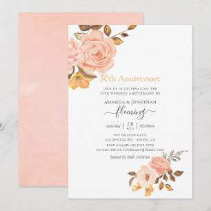 Invitation Rose Pâle et Floral Doré 50e Anniversaire de Maria