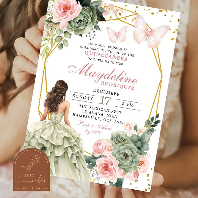 Invitation Rose Pâle et Floral Vert Sauge Princesse Mexicaine (Créateur téléchargé)