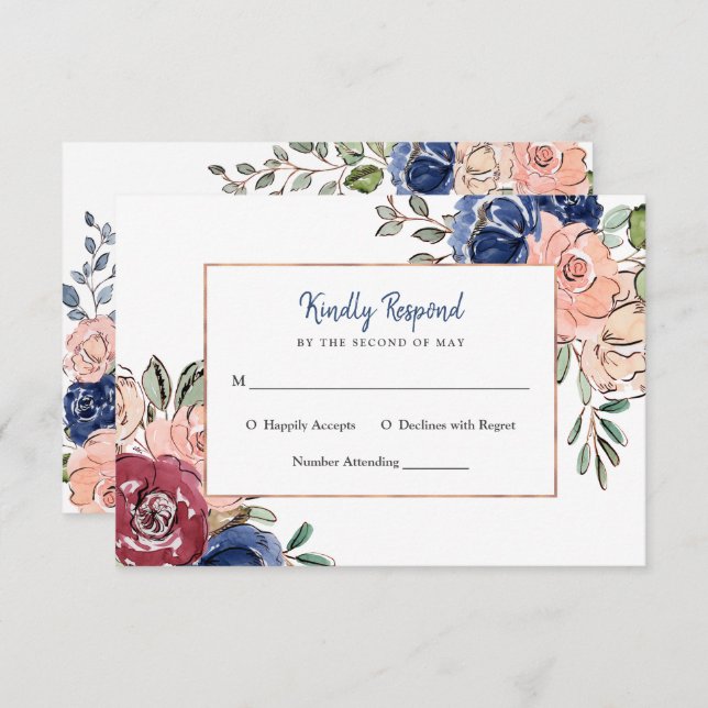 Invitation Rose Pâle et Géométrique Floral Navy | Mariage (Devant / Derrière)