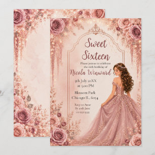 Invitation Rose Pâle et Or Floral Sweet Seize