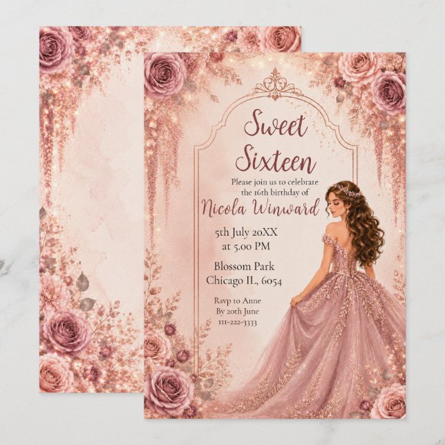 Invitation Rose Pâle et Or Floral Sweet Seize  (Devant / Derrière)
