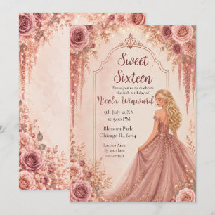 Invitation Rose Pâle et Or Floral Sweet Seize