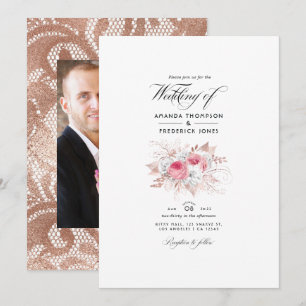 Invitation Rose Pâle et Or Rose Fleurs et Dentelle Mariage I