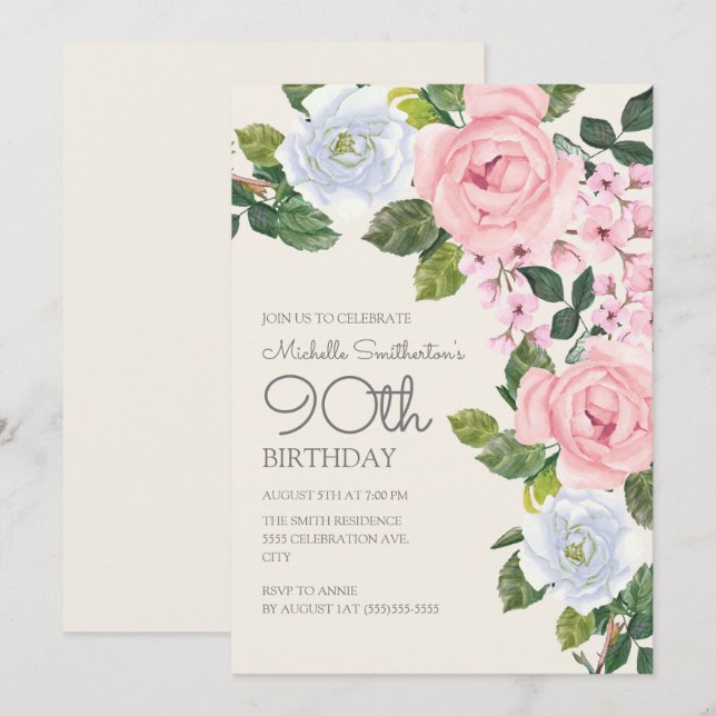 Invitation Rose Pâle Fleurie 90e Anniversaire de Femme (Devant / Derrière)