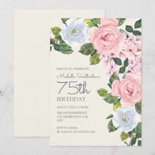 Invitation Rose Pâle Fleurs Blanches 75e Anniversaire de Femm