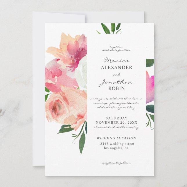 Invitation Rose Pâle & Fleurs Botaniques Mariage V3 Blanc (Devant)