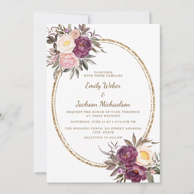 Invitation Rose Pâle Fleurs Violettes Crème Or Mariage (Devant)