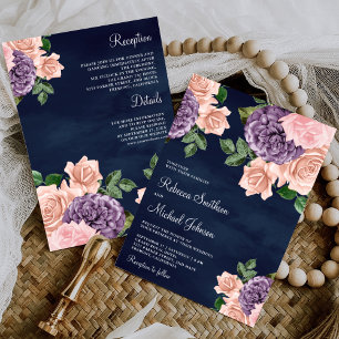 Invitation Rose Pâle Fleurs Violettes Mariage Tout en Un Navy