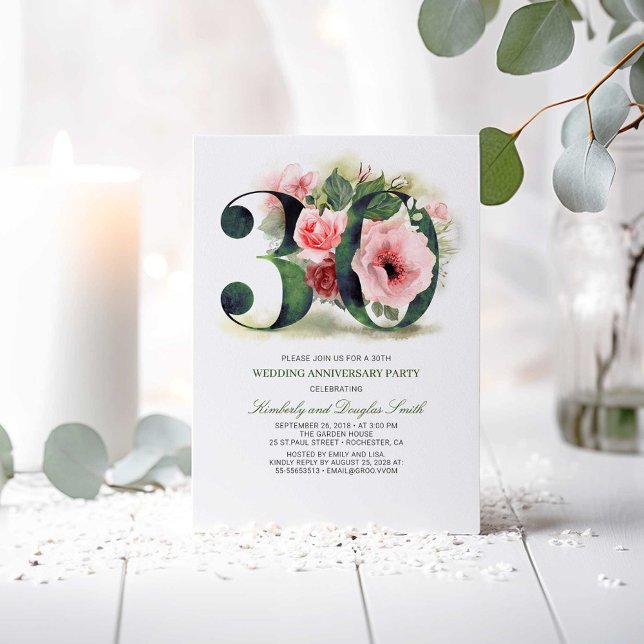 Invitation Rose Pâle Floral 30e Anniversaire de Mariage (30th Wedding Anniversary Invitations)
