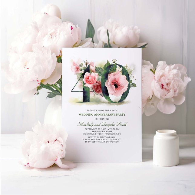 Invitation Rose Pâle Floral 40e Anniversaire de Mariage (40th Wedding Anniversary Invitations)