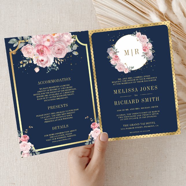 Invitation Rose Pâle Floral Bleu Nuit Robe de Mariée Une Pièc (Créateur téléchargé)