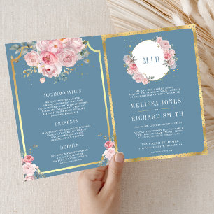 Invitation Rose Pâle Floral Bleu Poussiéreux Tout en Un Maria