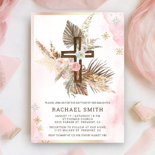 Invitation Rose Pâle Floral Boho Pampas Croix en Bois Baptême