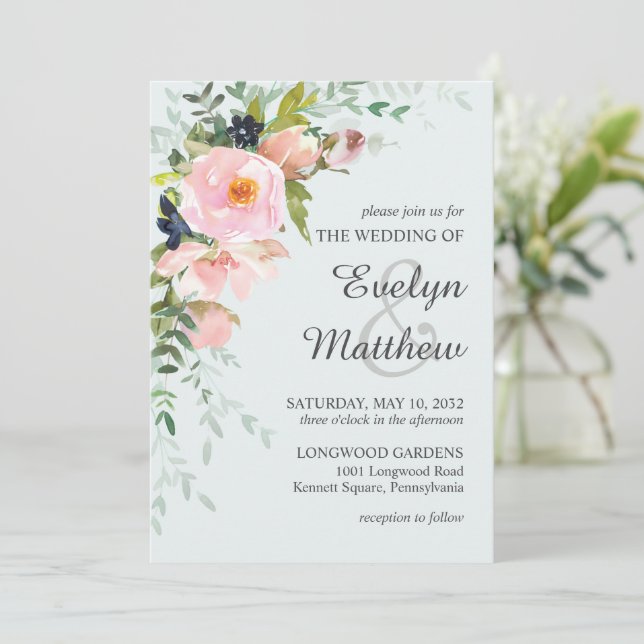 Invitation Rose Pâle Floral Botanique Mariage Bleu Clair (Debout devant)