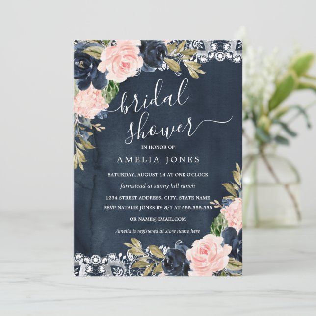 Invitation Rose Pâle Floral Dentelle Rustique Mariage Fête (Debout devant)