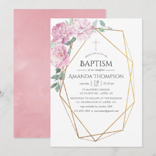 Invitation Rose Pâle Floral Géométrique Baptême ou Christenin