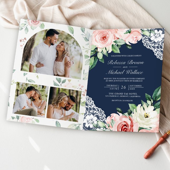 Invitation Rose Pâle Floral Lace Bleu Marine Code QR Mariage (Créateur téléchargé)