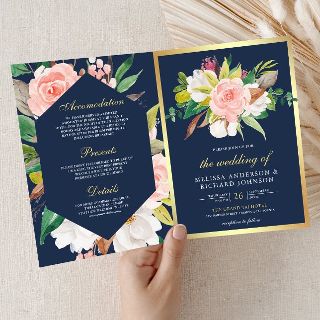 Invitation Rose Pâle Floral Or Bleu Marine Code QR Mariage (Créateur téléchargé)