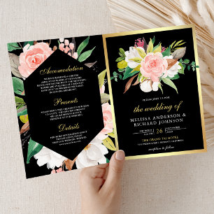 Invitation Rose Pâle Floral Or Noir Code QR Mariage