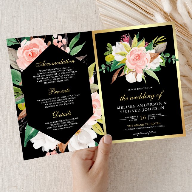 Invitation Rose Pâle Floral Or Noir Code QR Mariage (Créateur téléchargé)