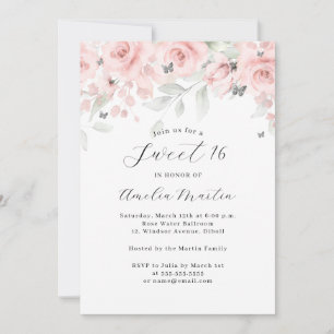 Invitation Rose Pâle Floral Papillon Argent Douce 16