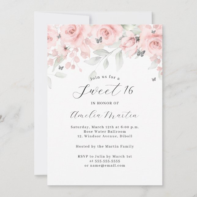 Invitation Rose Pâle Floral Papillon Argent Douce 16  (Devant)