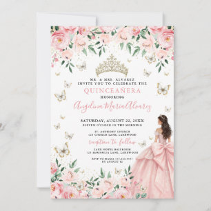 Invitation Rose Pâle Floral Papillon Or Quinceanera Doré