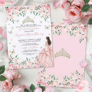 Invitation Rose Pâle Floral Papillon Or Quinceanera Doré
