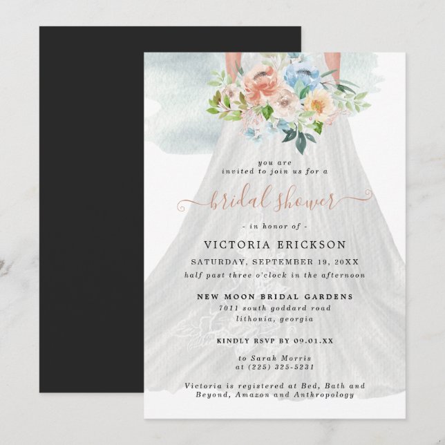 Invitation Rose Pâle Floral | Robe de Mariée Enterrement de V (Devant / Derrière)