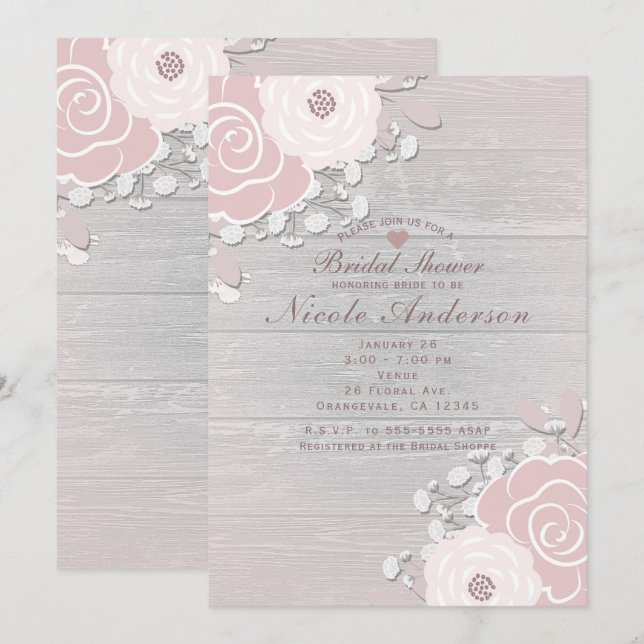 Invitation Rose Pâle Floral Rustique Fleurs & Bois Mariage (Devant / Derrière)