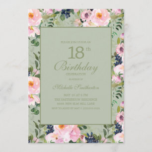 Invitation Rose Pâle Floral Vert Menthe 18e Anniversaire