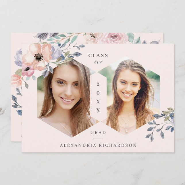 Invitation Rose Pâle Géométrique Floral | Photo Grad Soirée (Devant / Derrière)