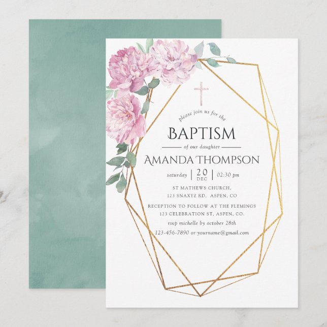 Invitation Rose Pâle & Géométrique Menthe Baptême ou Christen (Devant / Derrière)