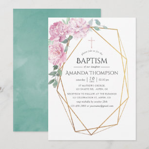 Invitation Rose Pâle & Géométrique Menthe Baptême ou Christen