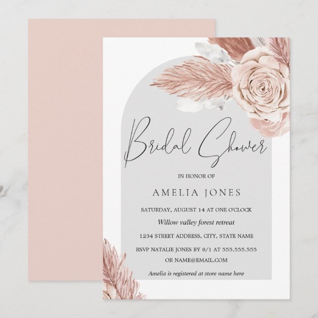 Invitation Rose Pâle Gris Fleurs Bohèmes Arche Mariage (Devant / Derrière)