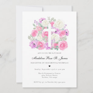 Invitation Rose Pâle Lavande Fleurs Baptême