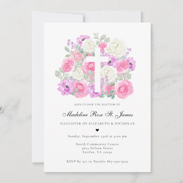 Invitation Rose Pâle Lavande | Fleurs Baptême  (Devant)