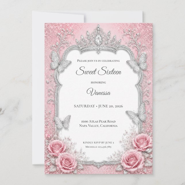 Invitation Rose Pâle Luxueux Argent Princesse Sweet 16 (Devant)