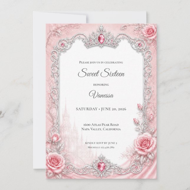 Invitation Rose Pâle Luxueux Argent Princesse Sweet 16 (Devant)