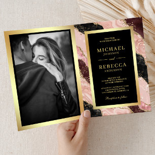 Invitation Rose Pâle Mariage Code QR Marbre Agate Noir Or