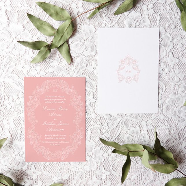Invitation Rose Pâle Mariage Victorien Antique Classique (rococo blush pink wedding invitation with a delicate botanical frame illustration and monogram crest)