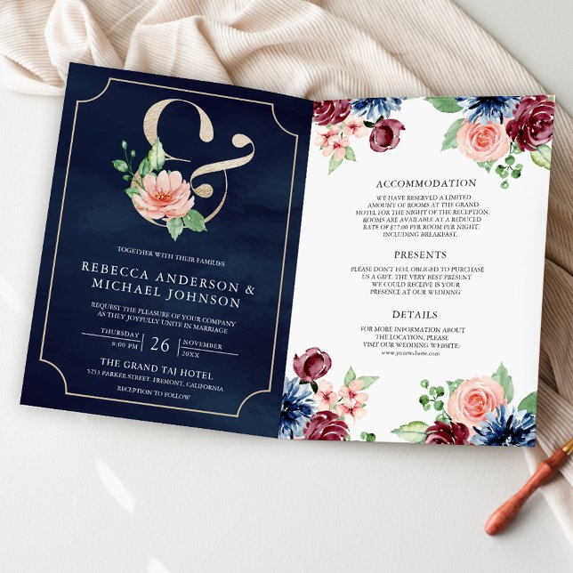 Invitation Rose Pâle Marine Bourgogne Floral Code QR Mariage (Créateur téléchargé)