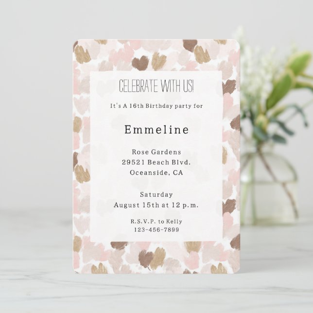 Invitation Rose Pâle Marron Crème Coeurs Anniversaire (Debout devant)