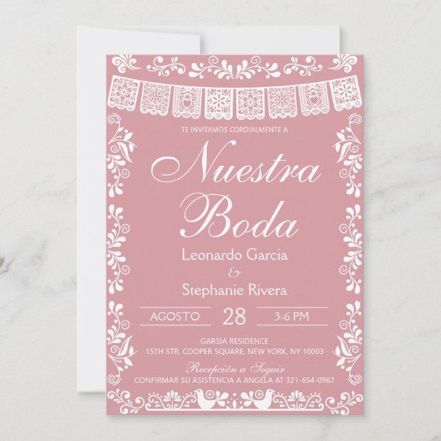 Invitation Rose Pâle Nuestra Boda Papel Picado Mariage (Devant)