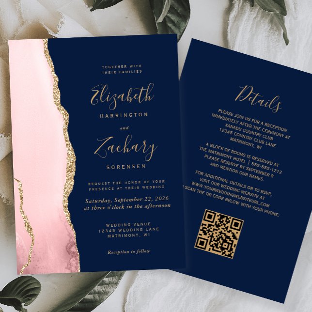 Invitation Rose Pâle Or Agate Bleu Nuit Code QR Mariage (Créateur téléchargé)