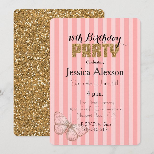 Invitation Rose Pâle Or Confettis Pailletés 18e Anniversaire (Devant / Derrière)