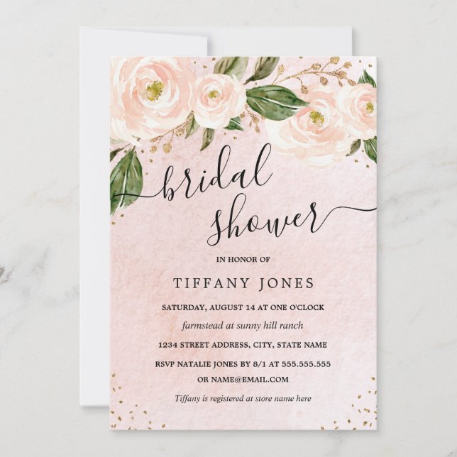 Invitation Rose Pâle Or Fleurs Mariage Shower (Devant)