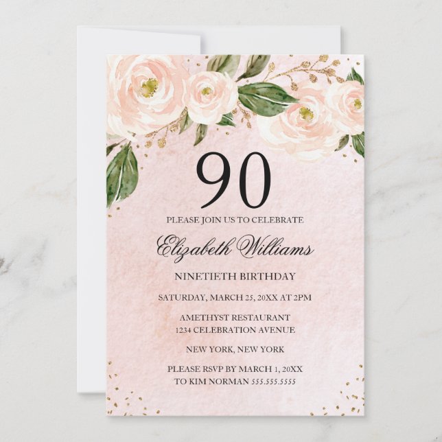 Invitation Rose Pâle Or Floral 90e Anniversaire (Devant)
