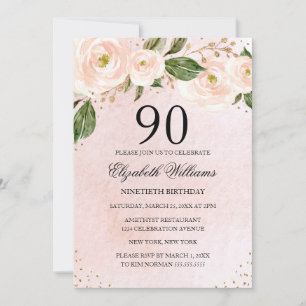 Invitation Rose Pâle Or Floral 90e Anniversaire