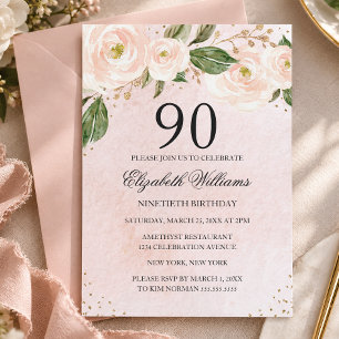 Invitation Rose Pâle Or Floral 90e Anniversaire